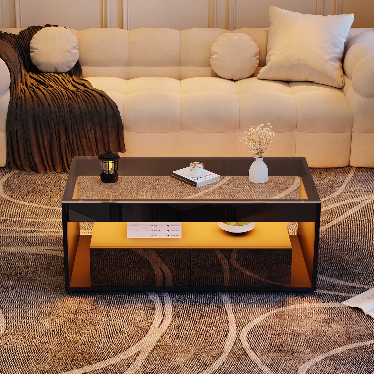 DESMIU Salontafel - LED Verlichting Met 2 Laden En Glazen Blad - Voor Woonkamer En Ontspanning - Spaanplaat En Gehard Glas - Zwart - 100x50x40 Cm