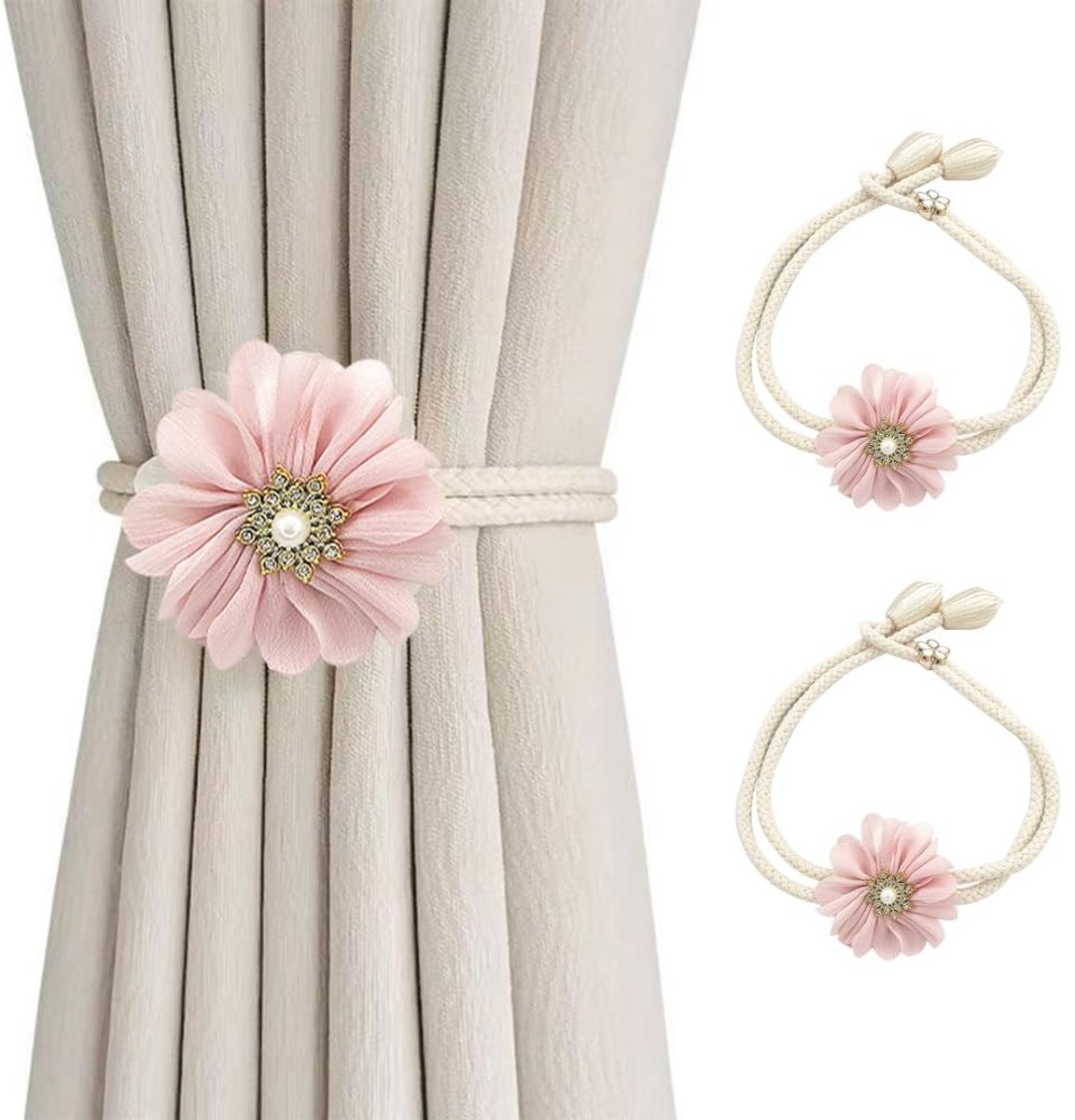 Dailygoods- Gordijnbinders 2 Stuks - Verstelbare Gordijnhouders - 3D-Stoffen Bloemen - Elegante Strikruggen - Romantische Decoratie - Eenvoudige Installatie