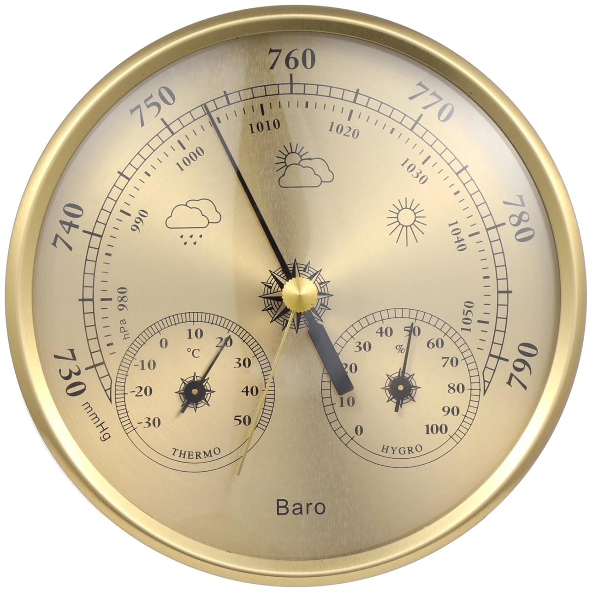 Weerstation - Barometer Hygrometer - Weer Voorspellen - 3-in-1 Functie - 13 cm Diameter - Goudkleurig
