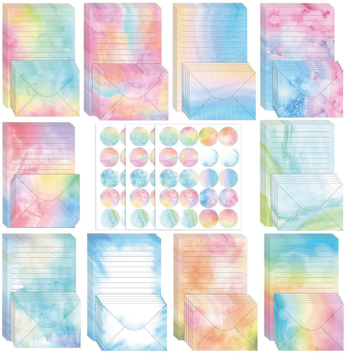 Dailygoods- Briefpapierset 160 Stuks - Briefpapier 21 x 14 cm - Enveloppen 14,5 x 11 cm - 10 Kleuren - 60 Stickers - Papier