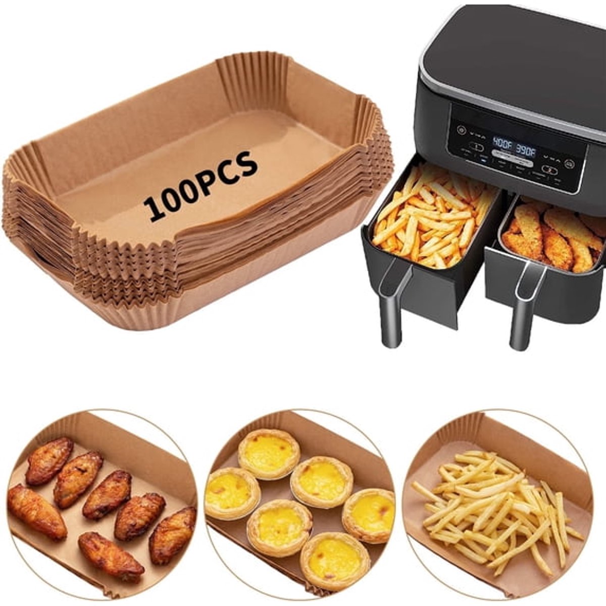 Bakmatjes voor de airfryer, verpakking van 100 stuks, gemaakt van voedselveilig bakpapier, geschikt voor airfryers met twee compartimenten, bakaccessoires (22*14 cm).