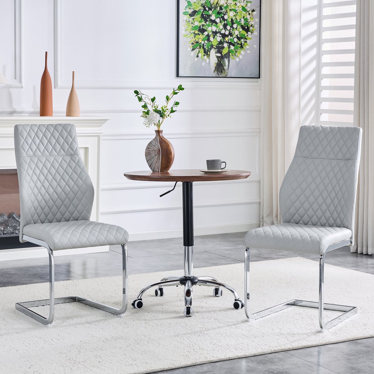 Eetkamerstoelen - Set Van 2 - Gestoffeerde eetkamerstoel - Eettafelstoel - Eetkamerstoelen - Met hoge rugleuning - PU - Antislip - Metalen stoelpoten - Modern Design - Lichtgrijs, zilver