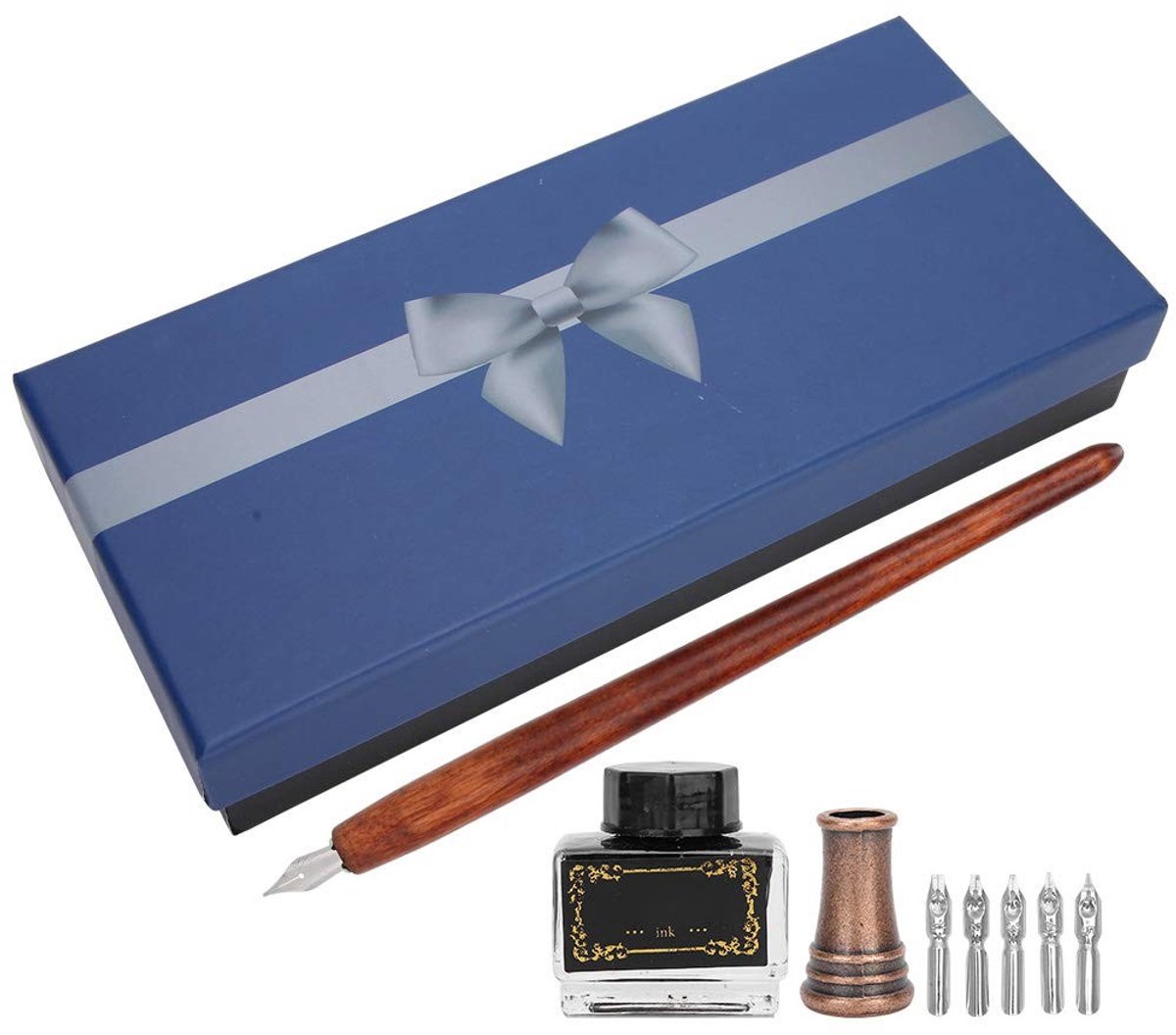 Dailygoods- Kroontjespenset Ergonomische Houten Houder - Kalligrafie Pen - Roestvrij Staal Penpunt - Inclusief Inkt en Penbasis - Veelzijdige Artistieke Toepassingen - Kalligrafiepen