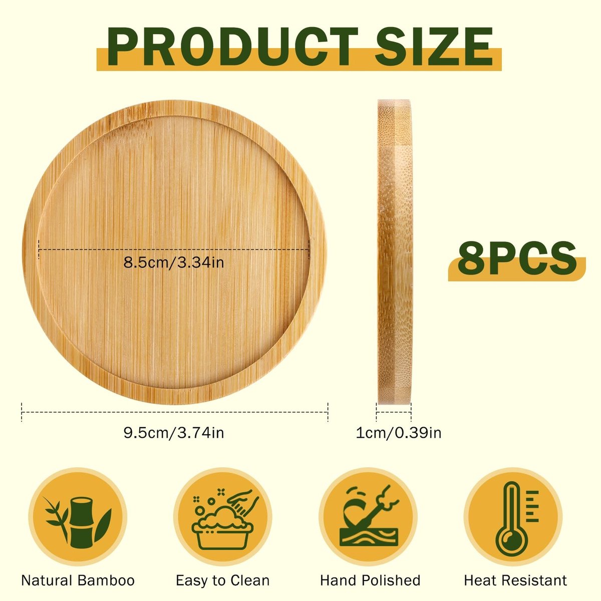 Kaarsenonderzetters 8 stuks - Houten Onderzetters - Ronde Onderzetters - 9,5 cm - Natuurlijke Hout - Schokbestendig ontwerp