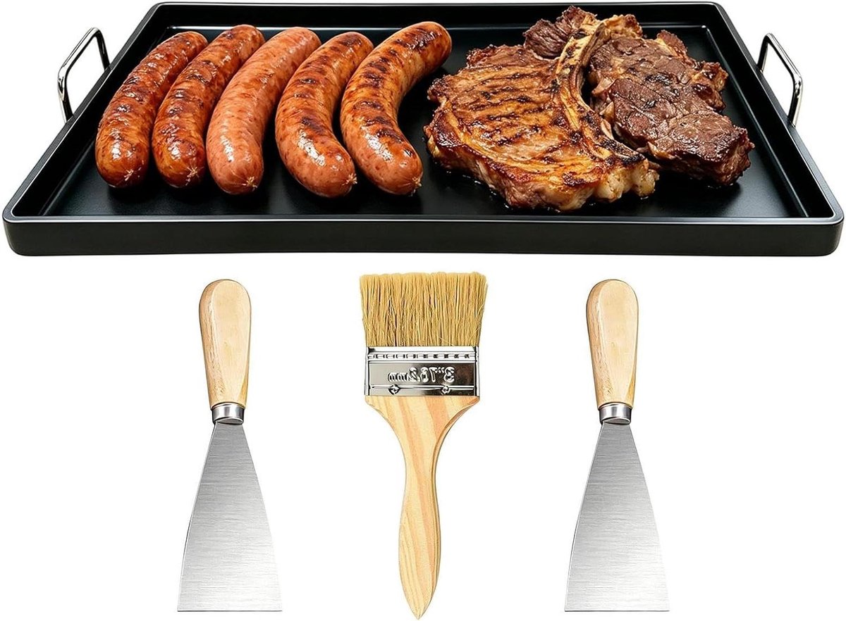Grillpan Gietijzer - Bakplaat Kookgerei - Buiten Koken - Gelijkmatige Warmte - 30x20cm - Zwart