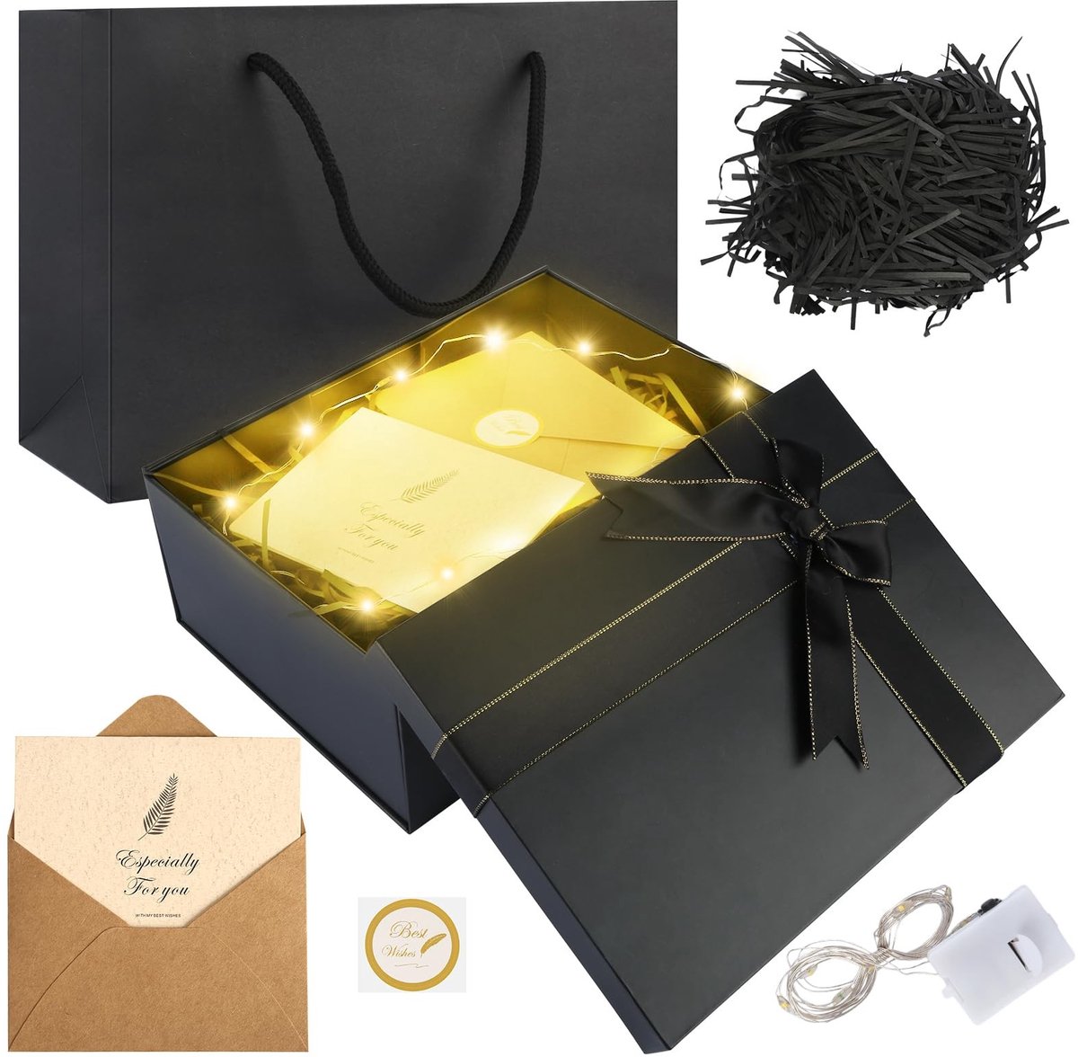 Dailygoods- Geschenkdoos met dekselset - Zwarte geschenkdoos - Wenskaart met envelop - Lichtsnoer - Draagtas - Geschikt voor alle gelegenheden - Cadeauverpakking