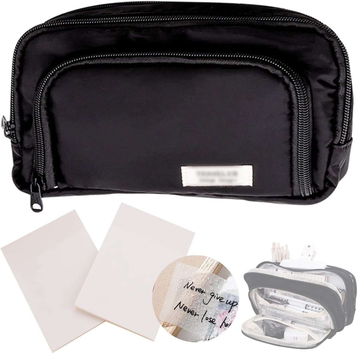Dailygoods- Pennenetui grote capaciteit - Etui groot - Etui uniseks - Etui voor school - Etui zwart - 3 vakken voor pennen