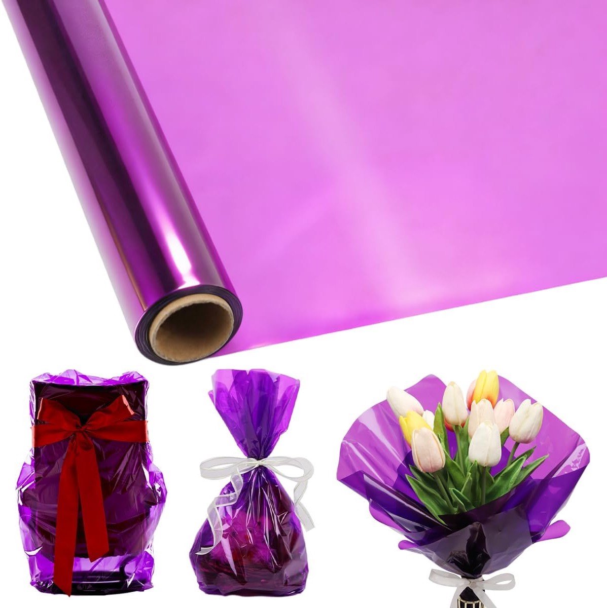 Transparante Paarse Cellofaan Rol 40cm x 30m - Luxe Plastic Cadeaufolie, Snijbaar en Geurvrij voor Stijlvolle Verpakking van Bloemen, Cadeaumanden en Snoepjes