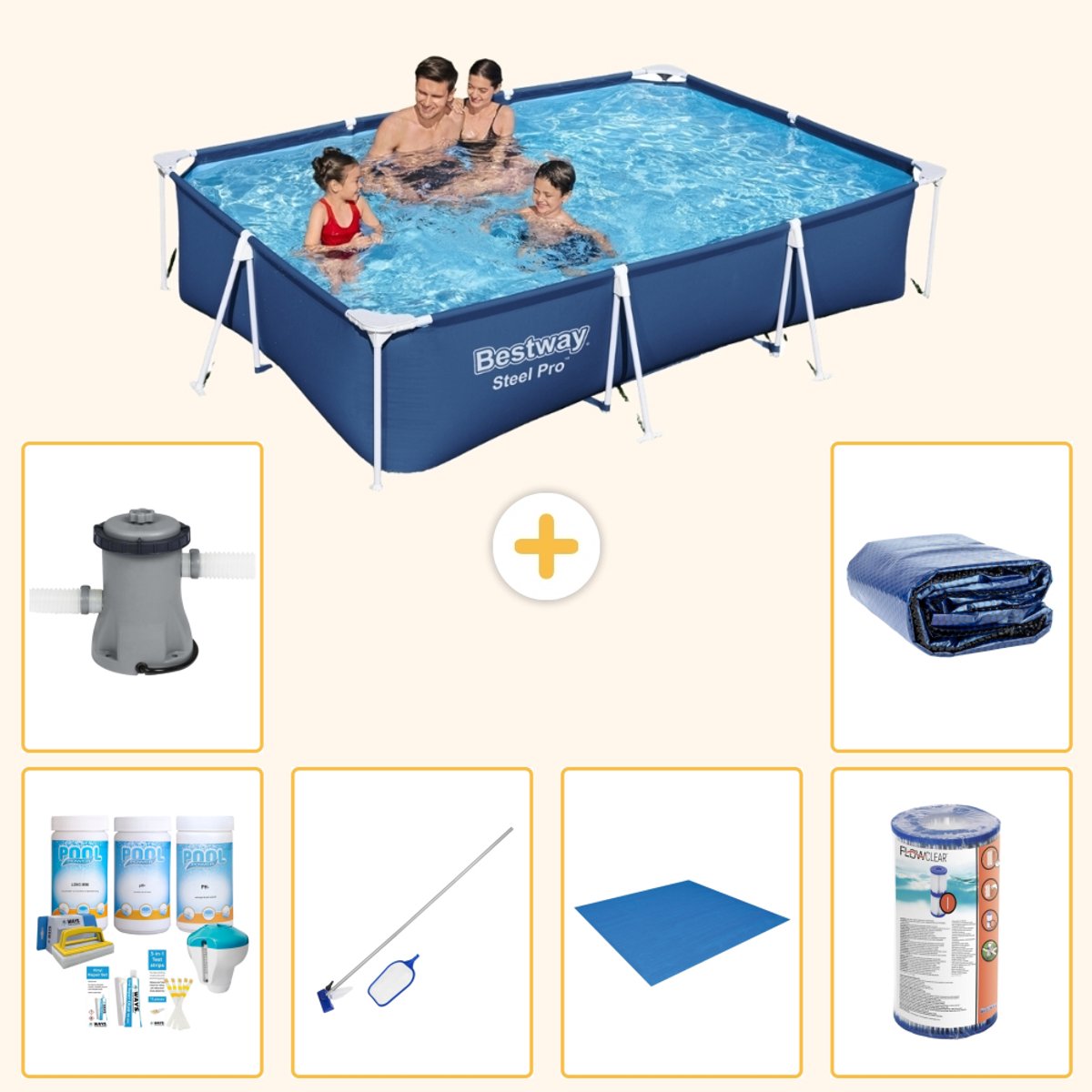 Bestway Rechthoekig Steel Pro Zwembad - 300 x 201 x 66 cm - Blauw - Inclusief Onderhoudspakket - Schoonmaakset - Grondzeil - Filter - Zwembadfilterpomp - Solarzeil - 7-delig