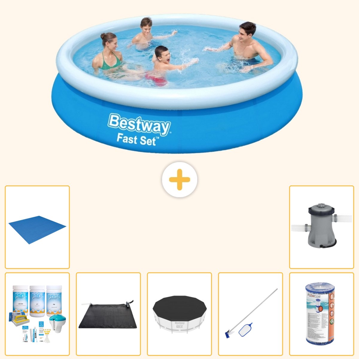 Bestway Rond Opblaasbaar Fast Set Zwembad - 366 x 76 cm - Blauw - Inclusief Onderhoudspakket - Solar Mat - Afdekzeil - Schoonmaakset - Grondzeil - Filter - Zwembadfilterpomp - 8-delig