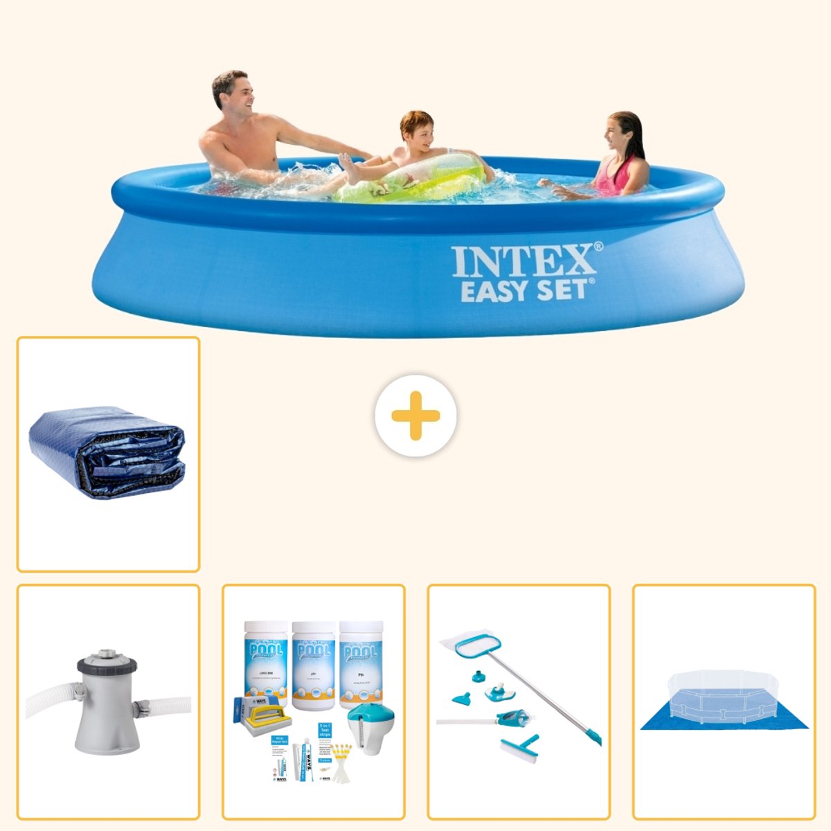 Intex Rond Opblaasbaar Easy Set Zwembad - 305 x 61 cm - Blauw - Inclusief Pomp - Onderhoudspakket - Schoonmaakset - Grondzeil - Solarzeil - 6-delig