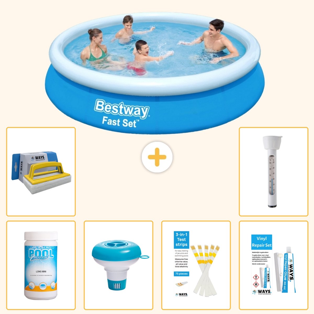 Bestway Rond Opblaasbaar Fast Set Zwembad - 366 x 76 cm - Blauw - Inclusief Chloor - Chloordrijver - Testrips - Reparatiesetje - Scrubborstel - Thermometer - 7-delig