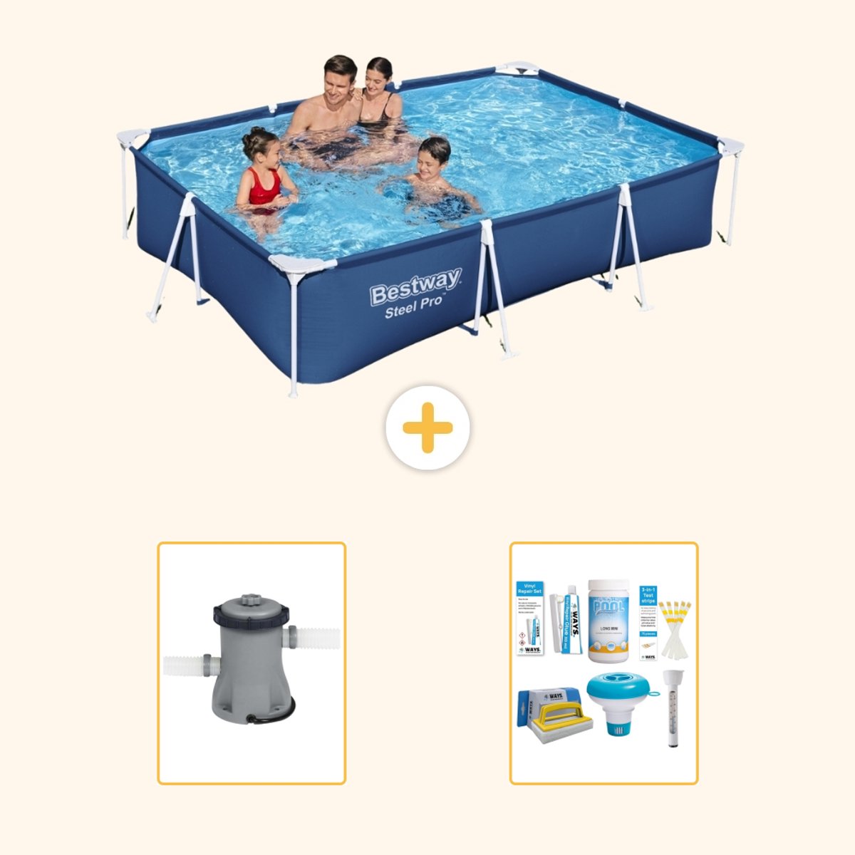 Bestway Rechthoekig Steel Pro Zwembad - 300 x 201 x 66 cm - Blauw - Inclusief Pomp - Onderhoudspakket - 3-delig