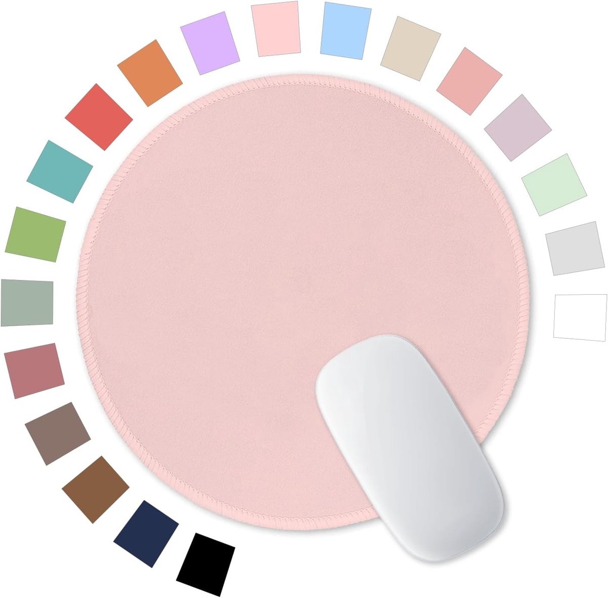 Premium roze muismat, kleine ronde vorm, gestikte rand, antislip en waterdicht, ideaal voor kantoor, thuis en gaming.