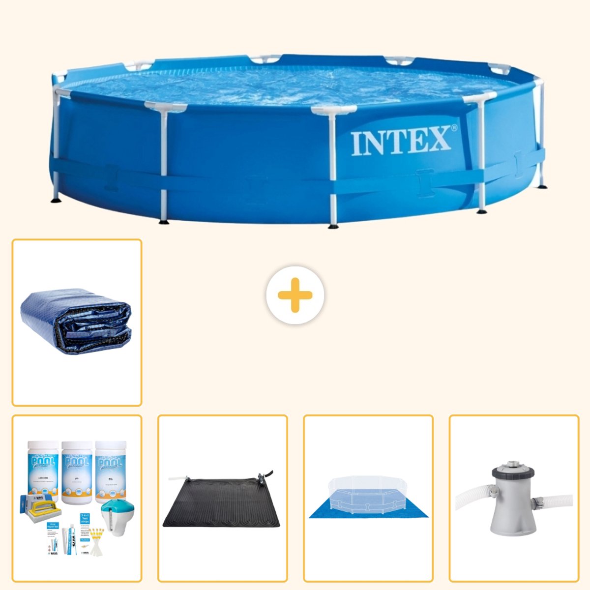 Intex Rond Frame Zwembad - 305 x 76 cm - Blauw - Inclusief Onderhoudspakket - Solar Mat - Grondzeil - Zwembadfilterpomp - Solarzeil - 6-delig