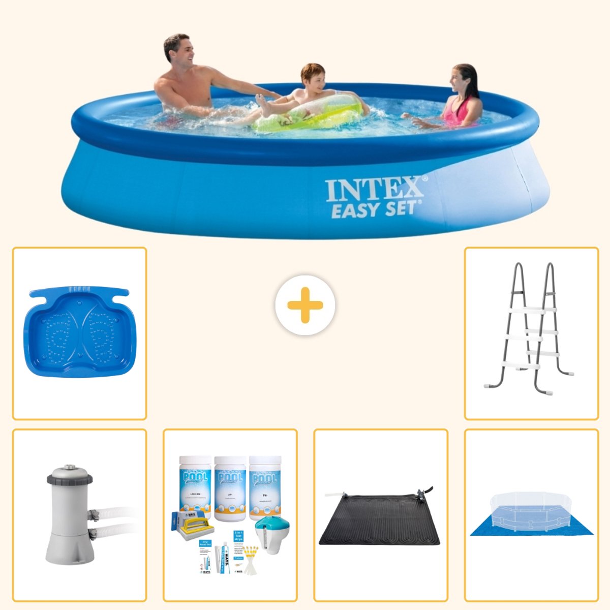 Intex Rond Opblaasbaar Easy Set Zwembad - 366 x 76 cm - Blauw - Inclusief Pomp - Onderhoudspakket - Solar Mat - Grondzeil - Voetenbad - Ladder - 7-delig