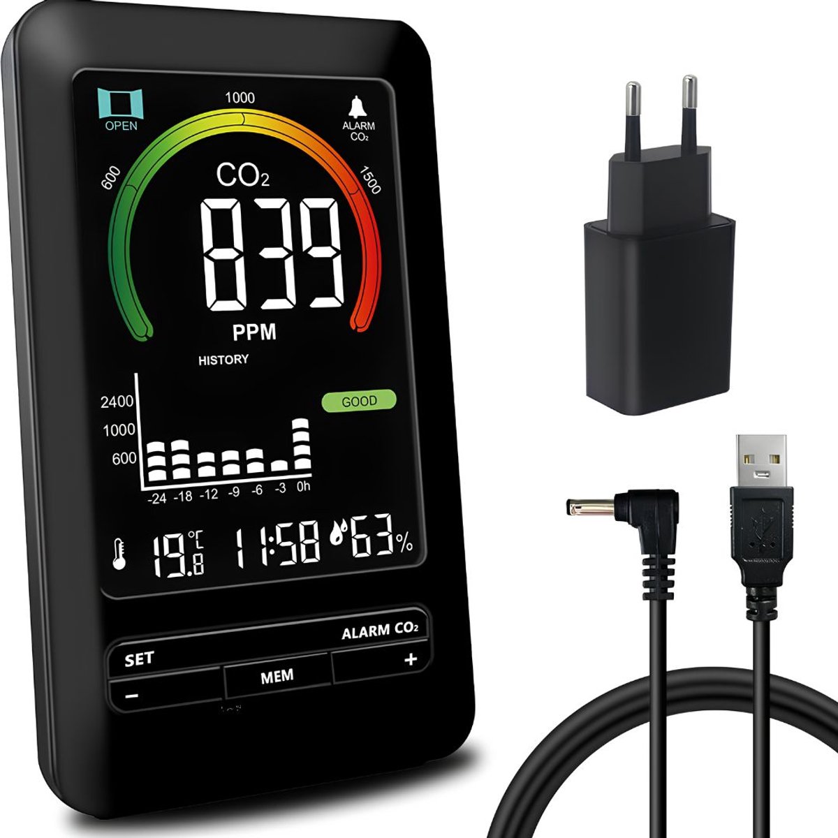 SP® CO2-meter - Meter voor Binnenluchtkwaliteit - Meting van Temperatuur, Luchtvochtigheid en Kooldioxide - Zwart - 3cm x 11cm x 14cm