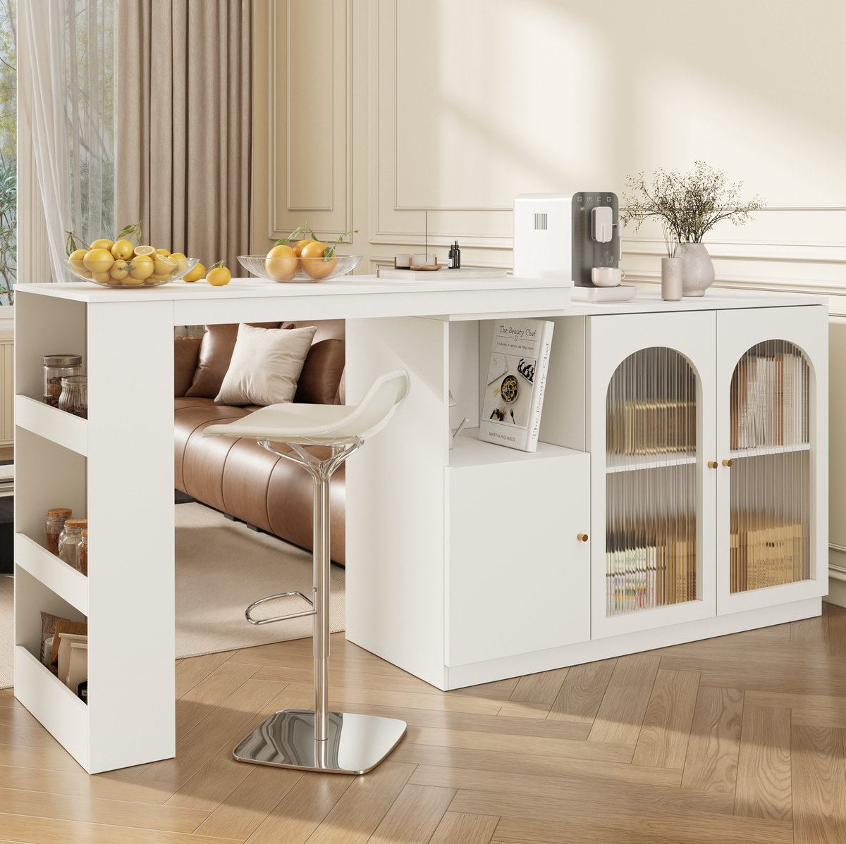 COVREO Barschrank 120 x 40 x 97 cm - 360 graden draaibaar, met glazen deuren, wit