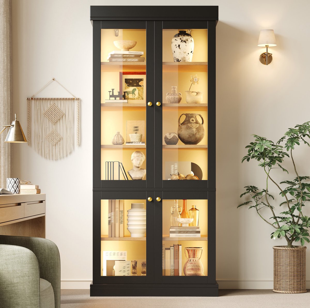 OKWISH Vitrinekast - Hoge Kast Met Glasdeuren En LED-Verlichting - 80 x 40 x 180 cm - Verstelbare Planken - MDF Zwart