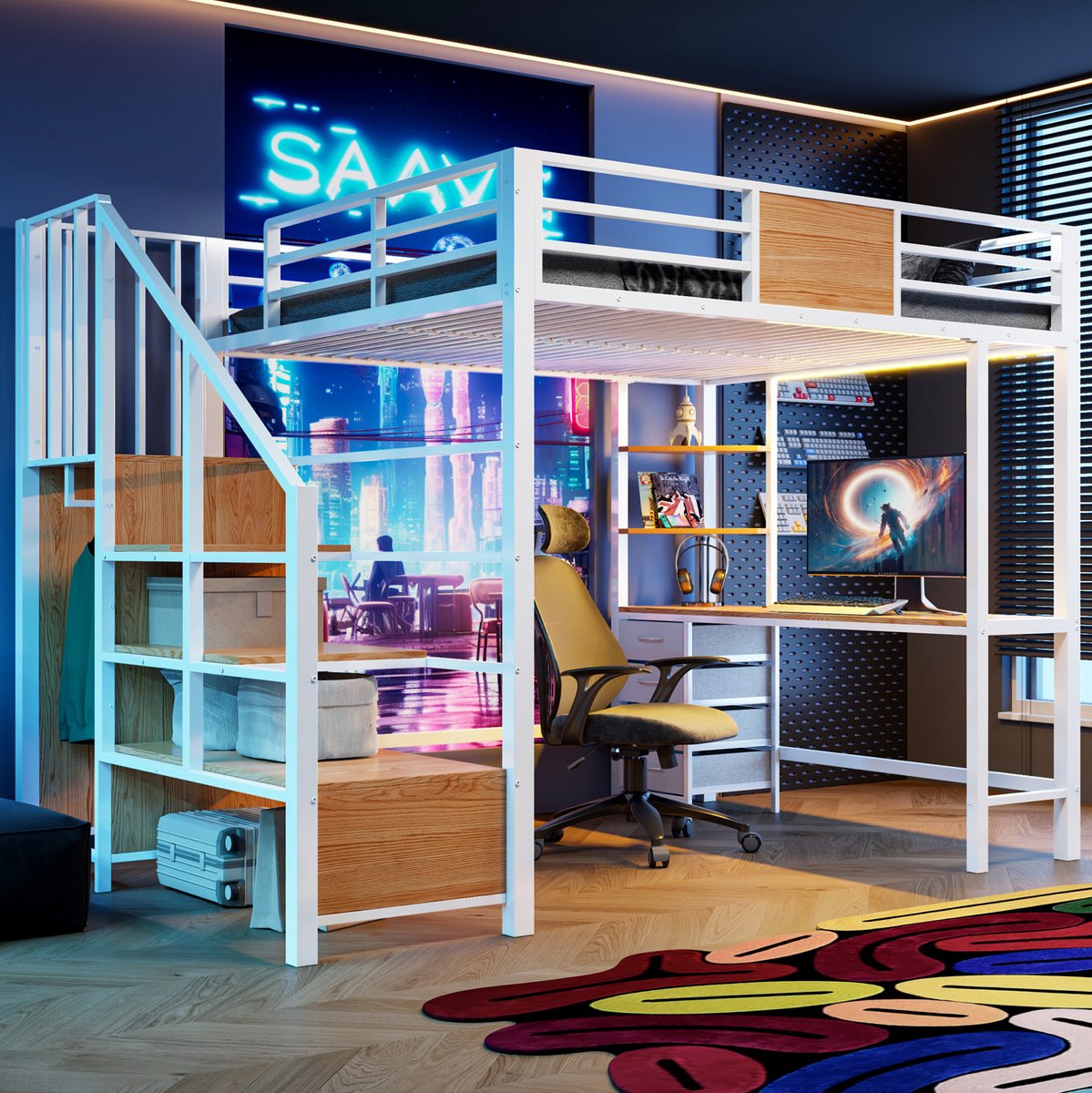 OKWISH Hoogslaper 140x200 cm - Met Bureau, Opbergvakken, Kledingstang, Ledverlichting en Stopcontact - Metaal en MDF - Wit - Zonder Matras