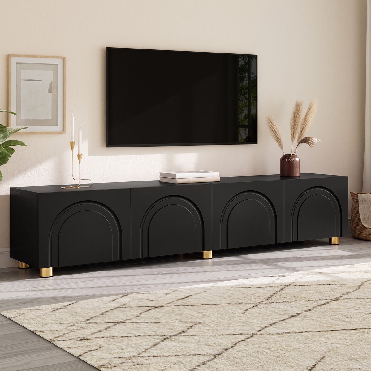 COVREO TV-meubel 180x35x40 cm - lowboard met 4 deuren, bogenrelief en metalen poten, zwart