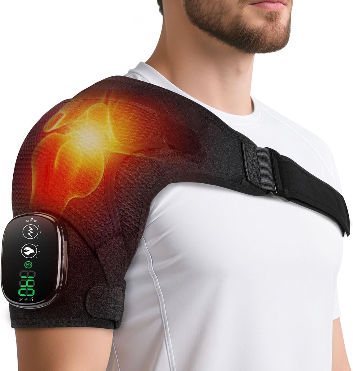 Thijox - Draadloze Verwarmde Schoudermassagekussens, Schouderbrace met 3 Instelbare Warmte- en Trilniveaus, Touchscreen-Bediening, 5000mAh Batterij, U