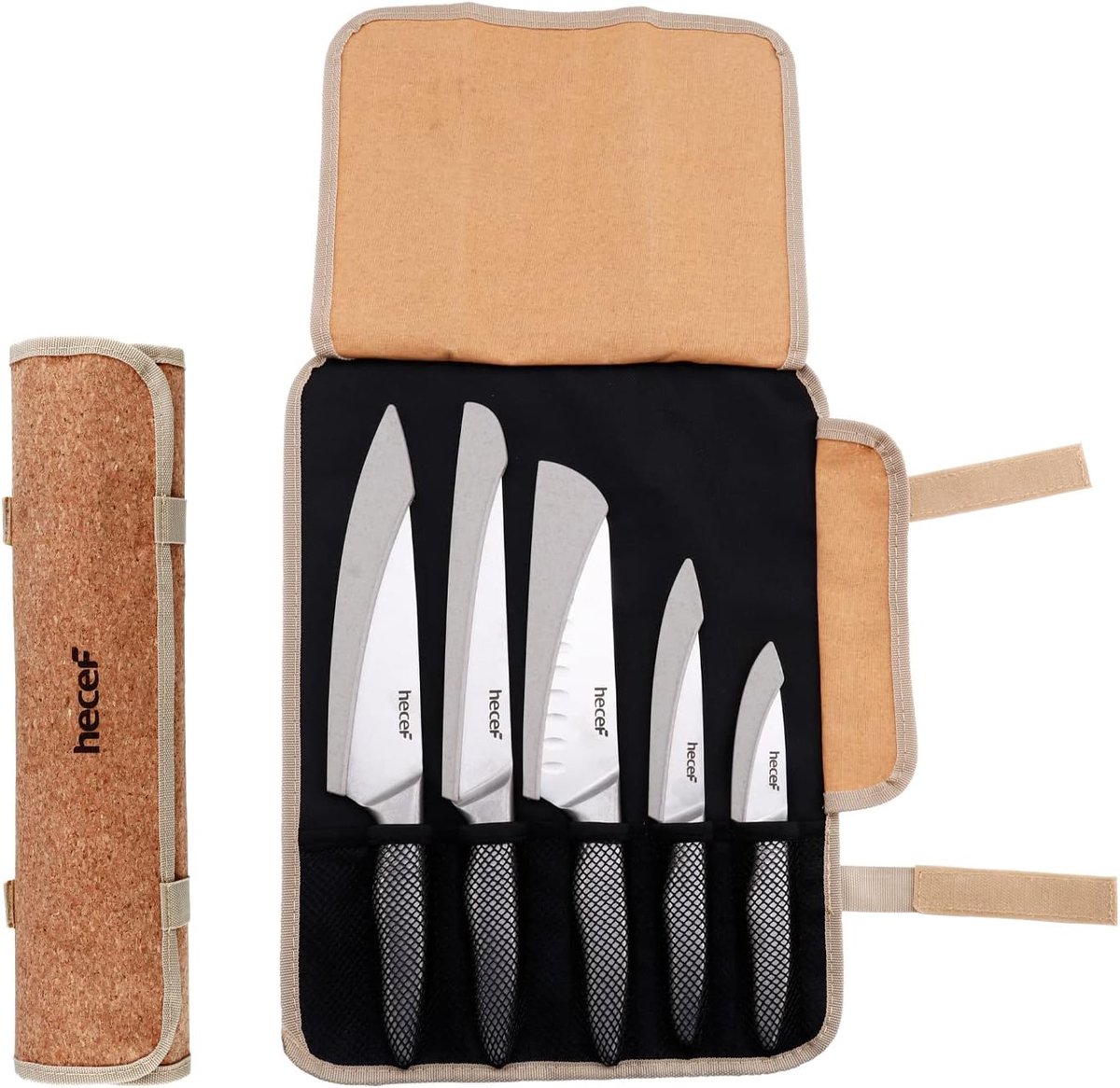 Thijox - Hecef Keukenmessenset Camping Messen met 5 Sleuven Mesrolzak, Stonewashed High Carbon Roestvrijstalen Messen met Hol Handvat voor Keuken en B