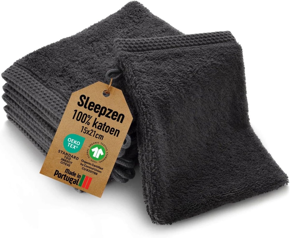SnelShoppen - Set van 6 Biologische Katoenen Washandjes Grijs - GOTS-gecertificeerd - 500 g/m² Langevezel Katoen - Super Absorberend & Extra Zacht - O