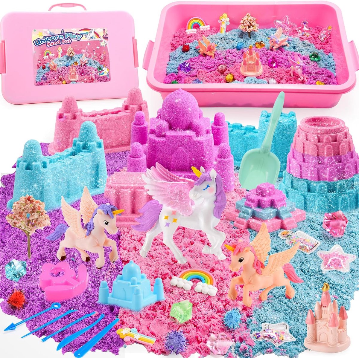 SnelShoppen - Unicorn Speelsand Set voor Kinderen, 900g Magisch Speelsand in 3 Kleur, Inclusief Unicorn Ornamenten, Kasteel, Regenboog Accessoires en