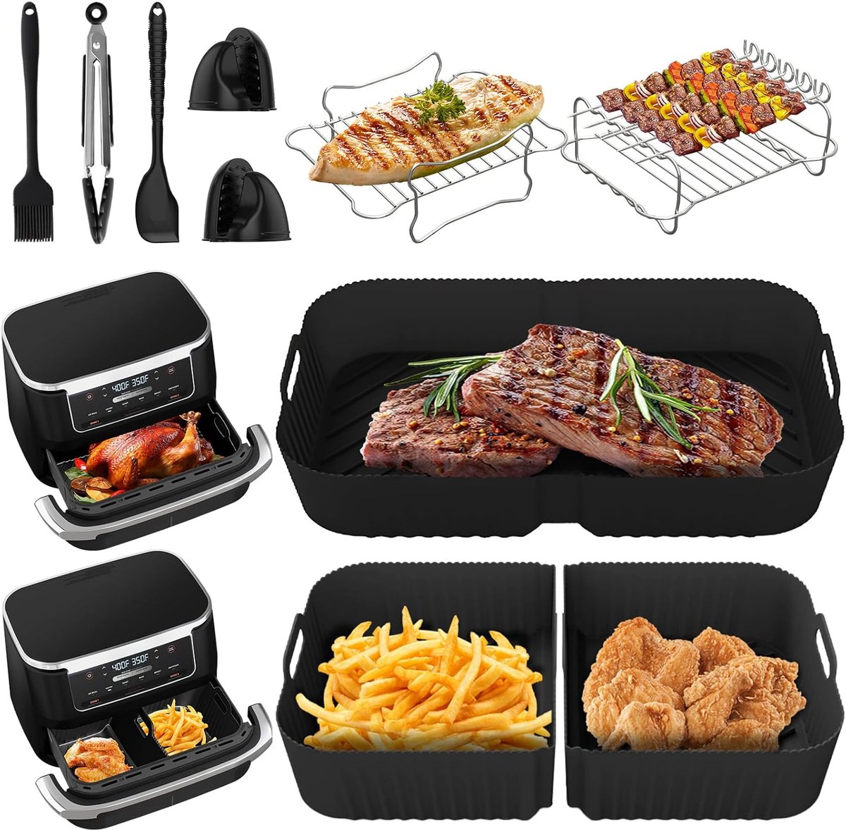 SnelShoppen - Silicone Air Fryer Liner voor 10.4L en 5.2L Ninja Foodi Flexlade, 14-delige Accessoireset, Hoge en Grote Silicone Bakmat, Koken, Bakken,