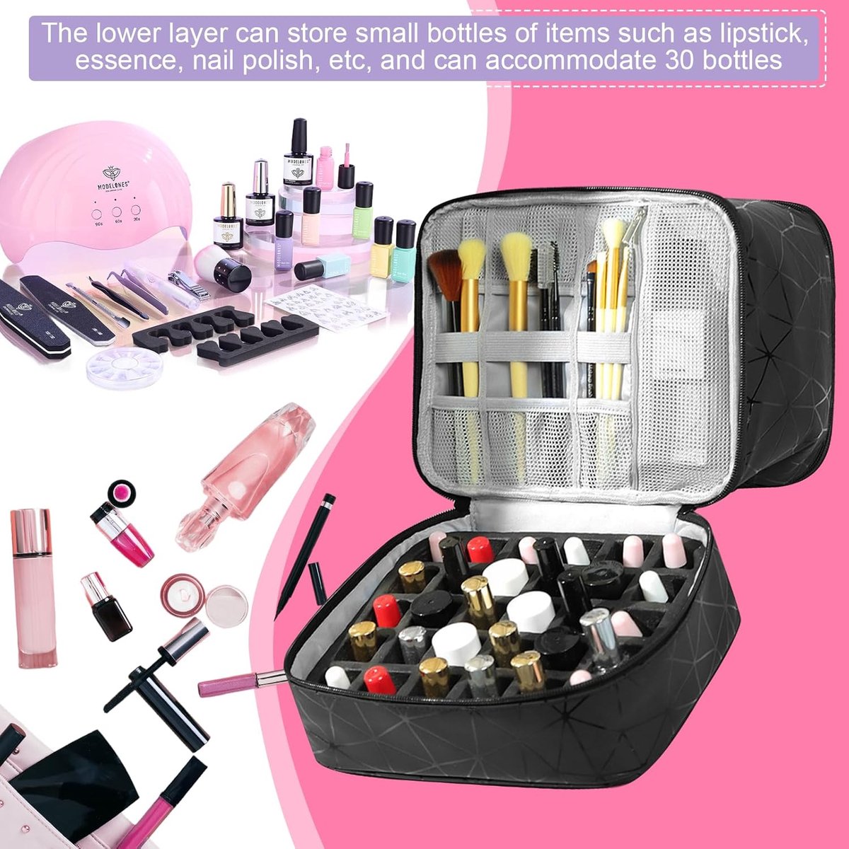 Thijox - Opbergkoffer voor Nagellak - Waterdichte Organizer met 2 Niveaus, UV-Lampvak voor 30 Flessen, Nylon Tas voor Professionele Cosmetica-opslag e