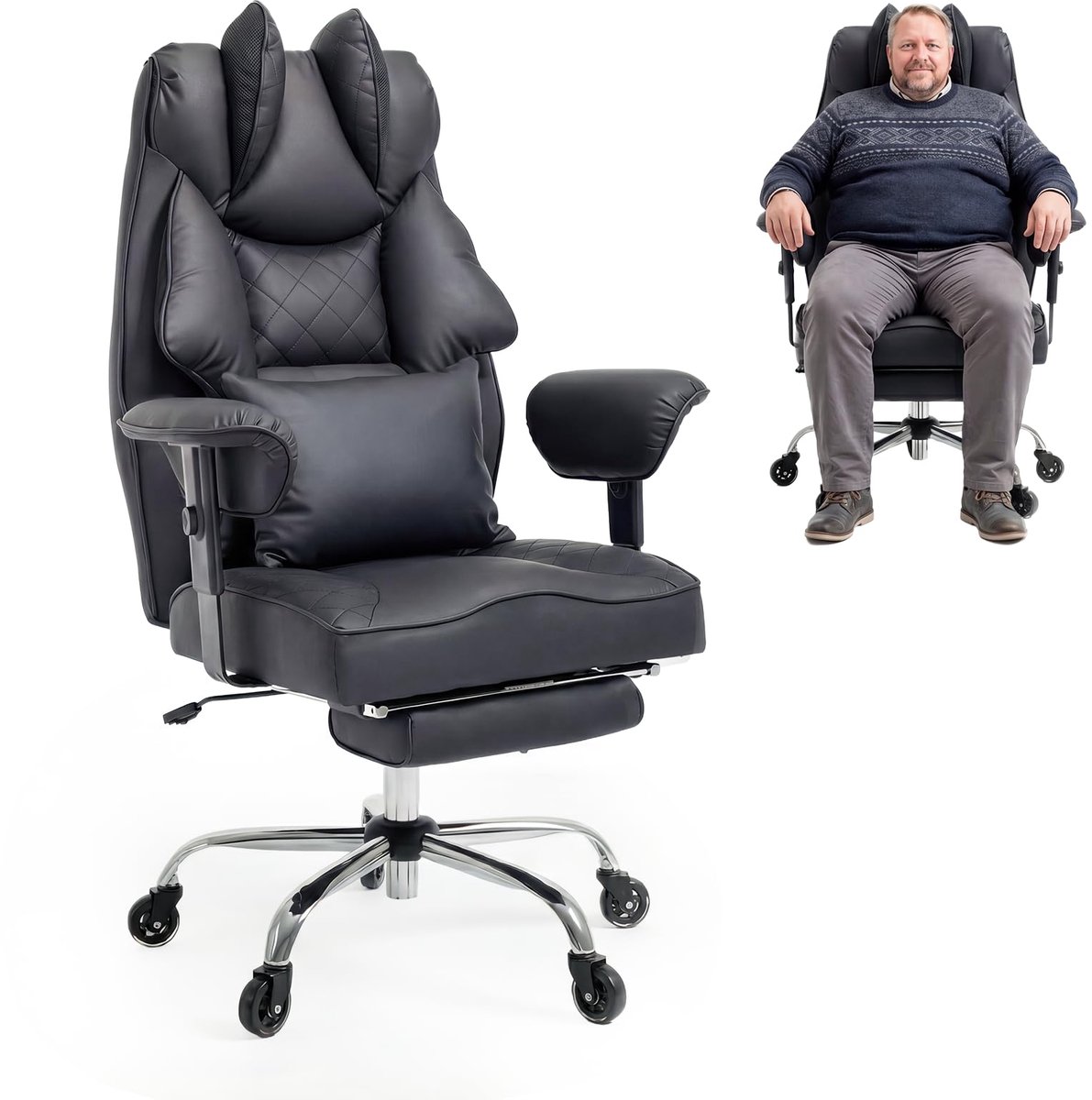 Asukale Ergonomische Bureaustoel – Bureaustoel – Comfortabele, verbrede XXL-zitting – Directiestoel – Dik kussen – Hoge rugleuning – Volledig omhullend ontwerp – In hoogte verstelbaar – Maximaal draagvermogen 200 kg – zwart(Meshstof)