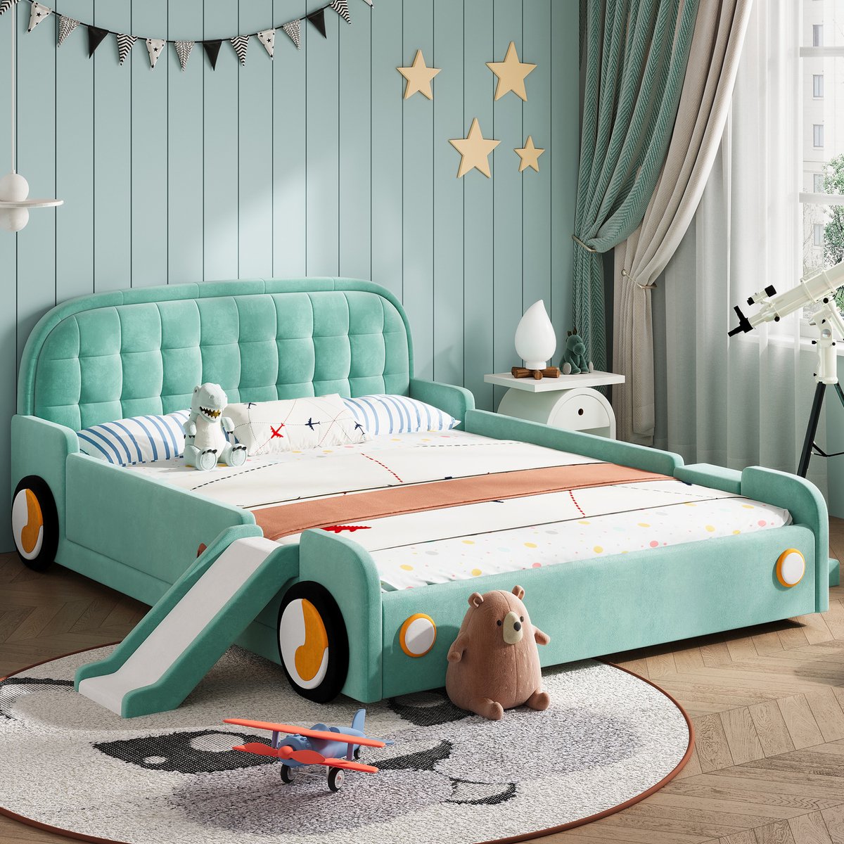 OKWISH Kinderbed 140x200 cm - Autobed Met Glijbaan En Trap - Links of Rechts Monteerbaar - Met Uitvalbeveiliging - Zonder Matras - Blauwgroen