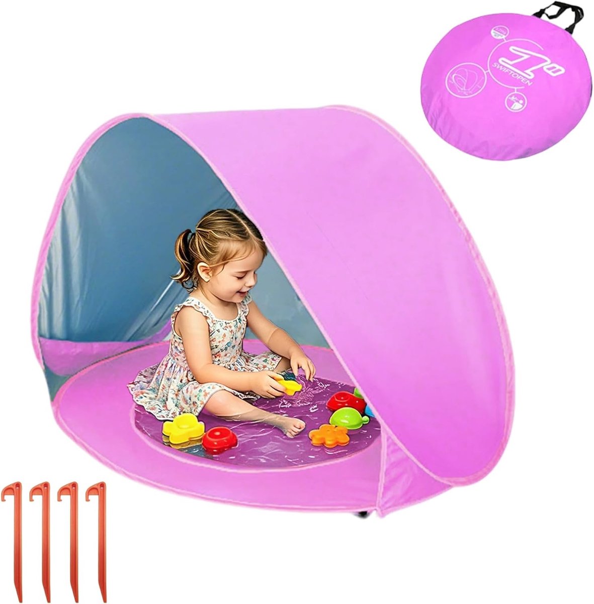 Roze strandschelp pop-up tent voor baby's en peuters met UPF 50+ uv-bescherming, ideaal voor strand en buitenactiviteiten