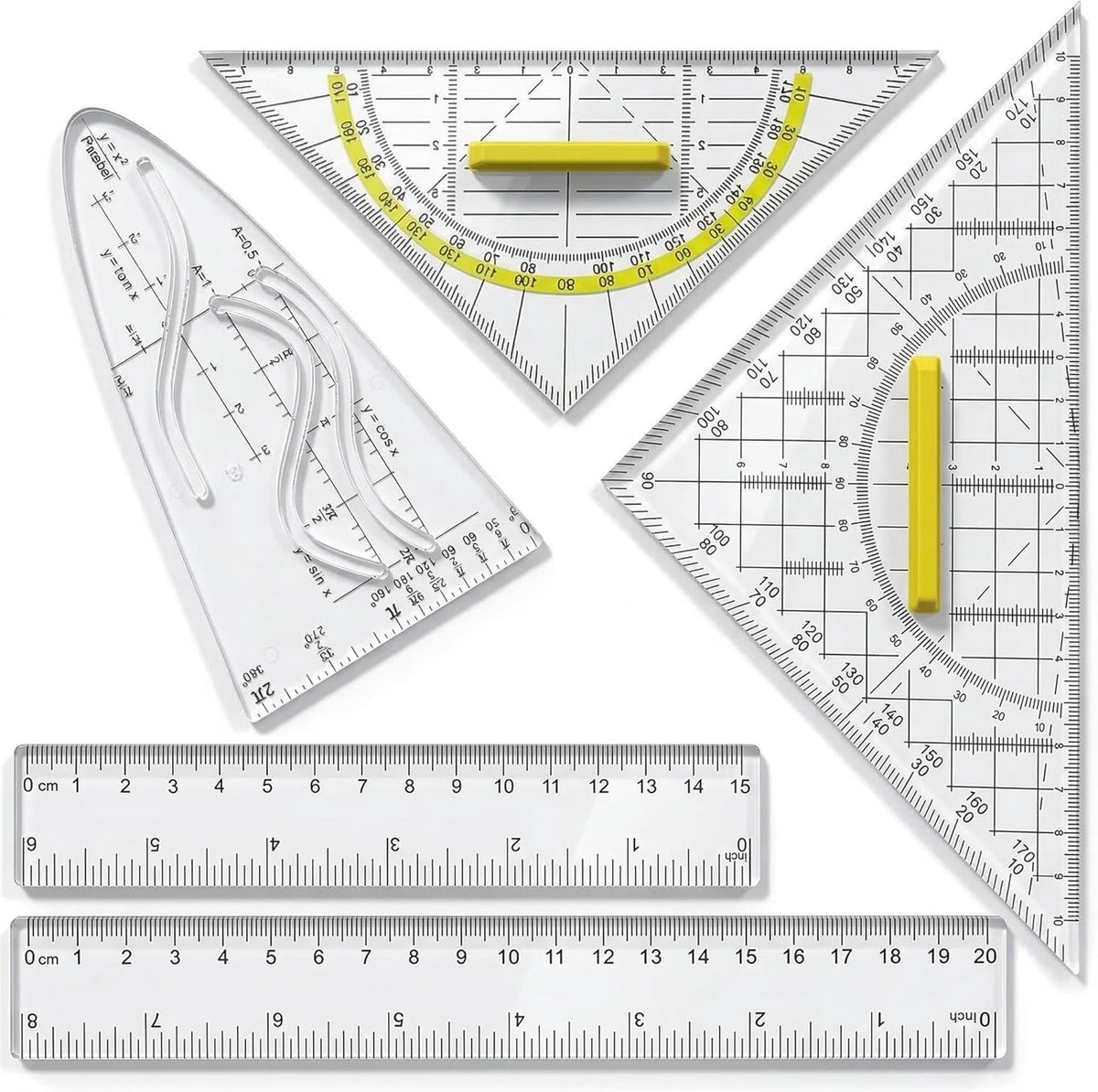 Thijox - 5 Stuks Geodriehoek Set met Handvat en Parabelsjabloon voor Technisch Tekenwerk, Architectuur, School en Wiskunde - Inclusief Dubbele Schaall