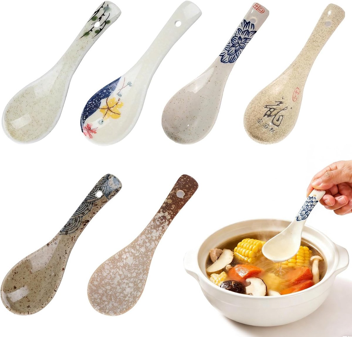 SnelShoppen - 6x Retro Ceramische Soeplepels 14cm - Porseleinen Theelepels voor Ramen, Miso, Pho, Wonton en Dumplings - Duurzaam en Veilig Keukengerei