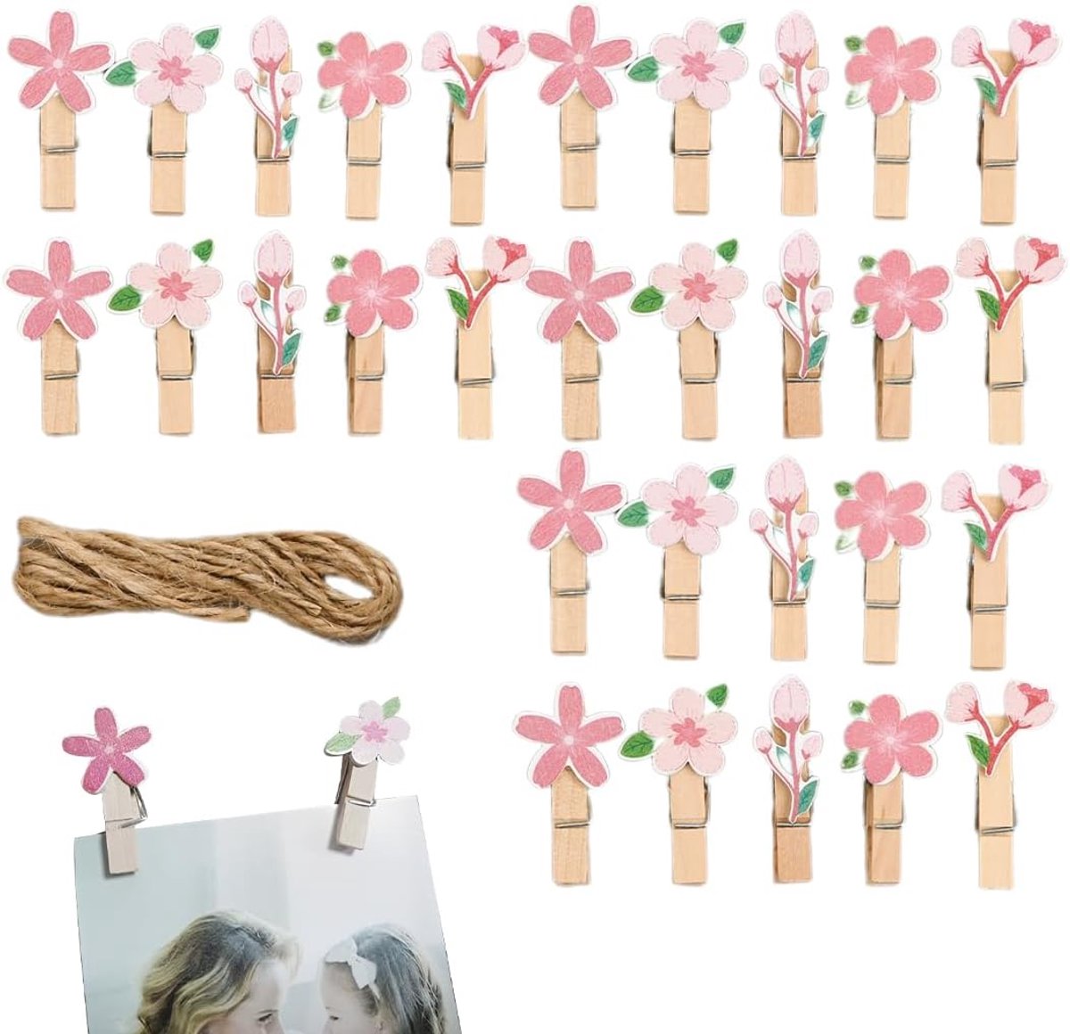 Thijox - 30 Mini Wasknijpers van Hout, Decoratieve Houten Bloemenklemmen voor Bruiloft, Kerst, Valentijnsdag, Handwerk, Fotoclip, Woondecoratie