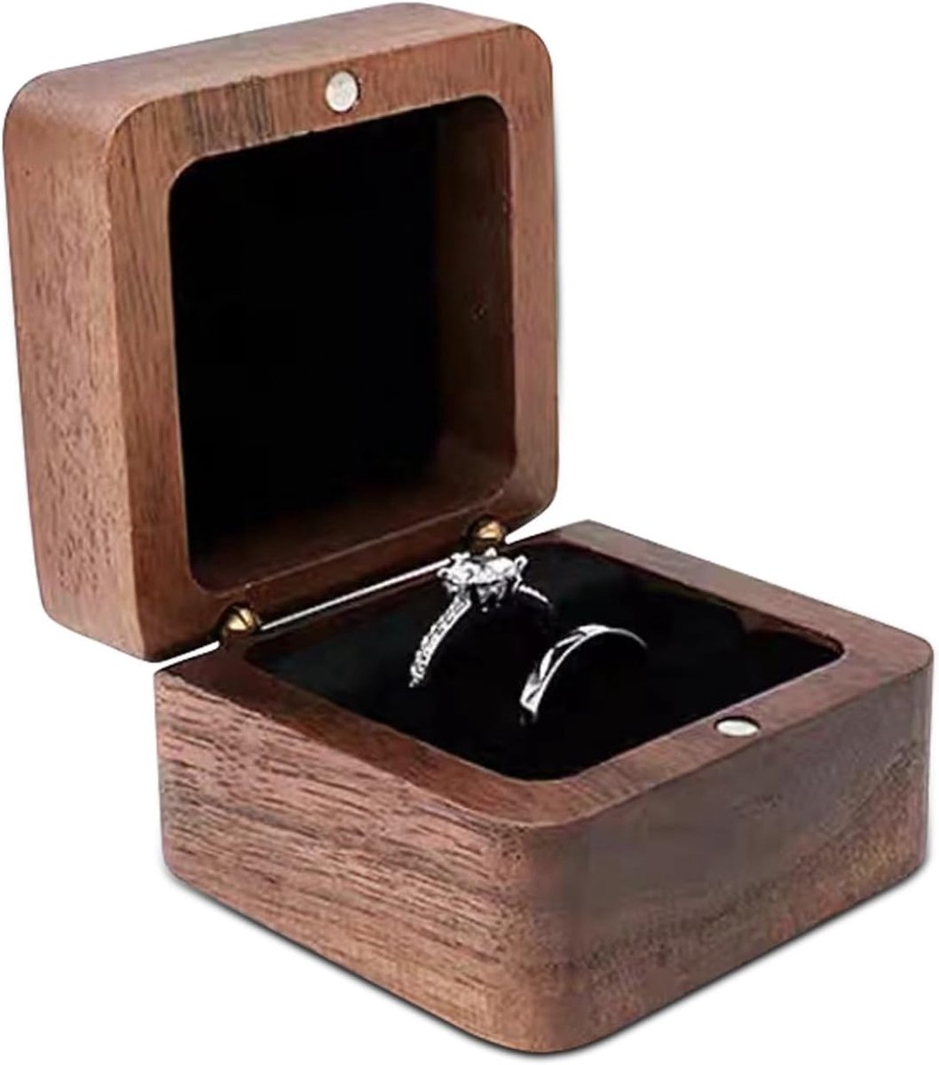 Thijox - Houten Ringbox Mini Verlovingsringbox met Dubbele Sleuf - Vierkante Bruiloftsringhouder - Elegante Retro Ringhouder - Zwart - Perfect voor Tr