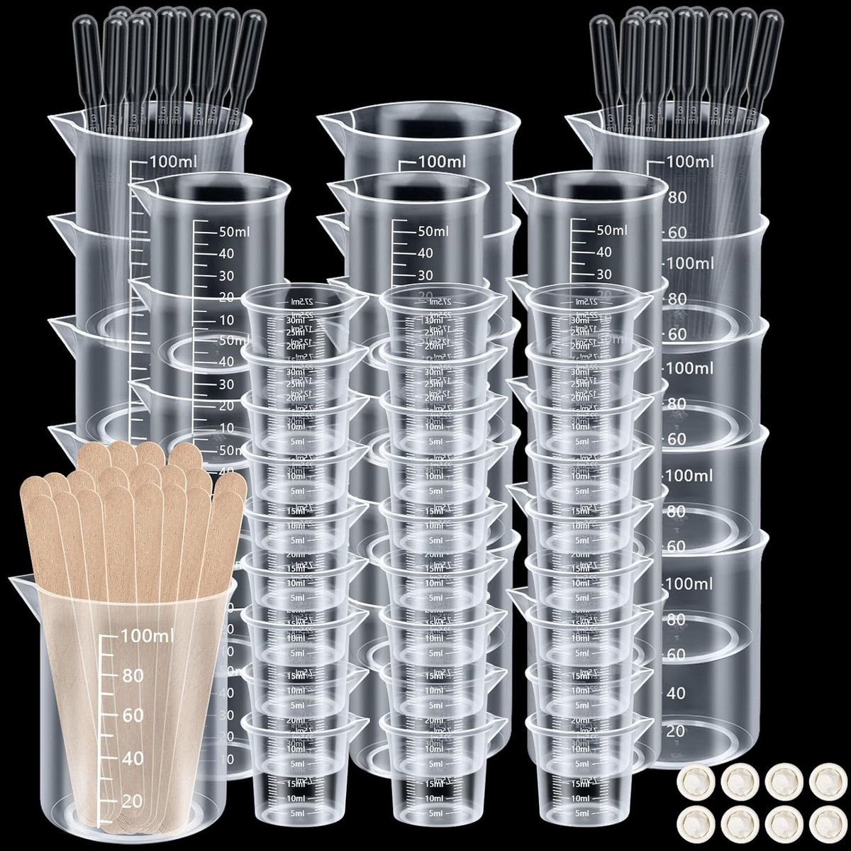 SnelShoppen - 106 stuks plastic maatbekers 30/50/100 ml, herbruikbare mengbekers kunststof, hittebestendige maatbekers met roerstokjes en druppelaars