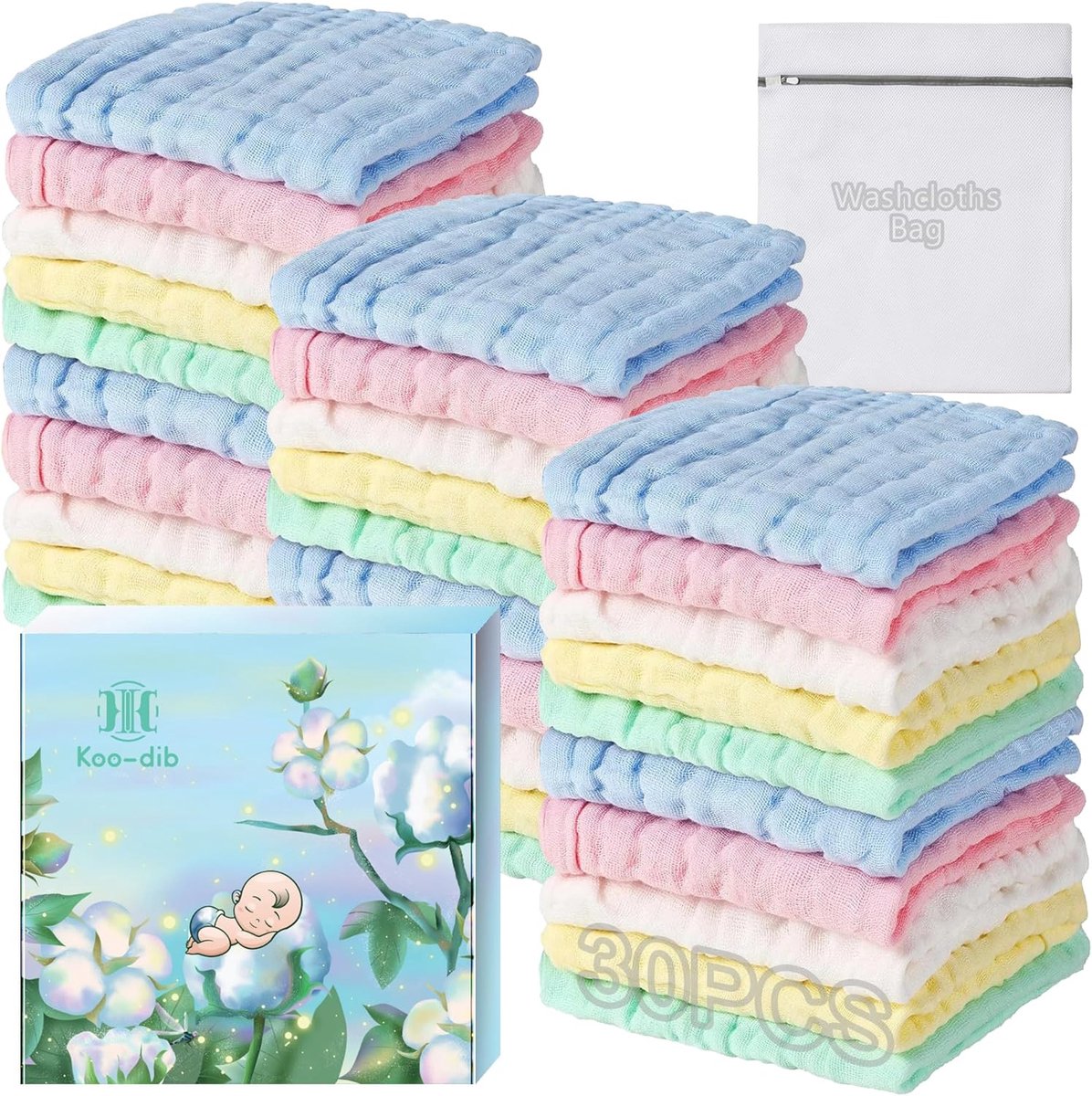 Thijox - Baby Mousseline Washandjes 30 Stuks - Zachte Spuugdoeken voor Pasgeborenen - 25x25 cm - Gaasdoeken voor Kinderen - Inclusief Waszak - Perfect