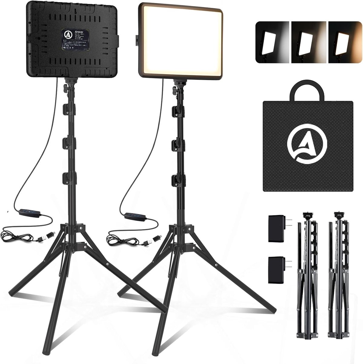Thijox - Videolichtset 2 Stuks 25x20cm - Dimbare LED Studio Fotolicht met 15W, 2800-6500K, Cameralamp voor Video/Streaming van Selfies/Portretten Binn