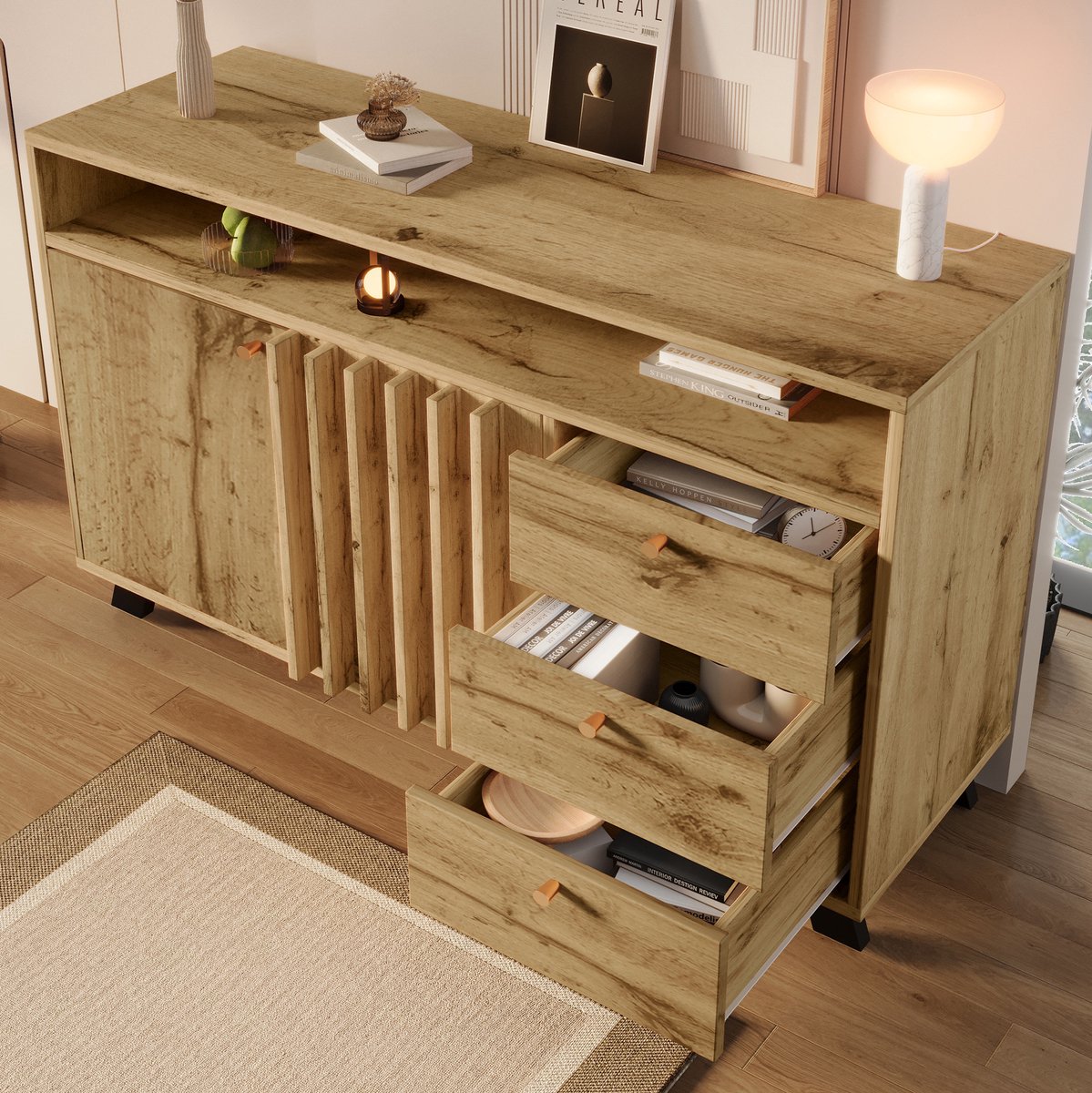 COVREO Dressoir 120 x 40 x 85 cm - 3 lades, 2 deuren, open vak, donker eiken