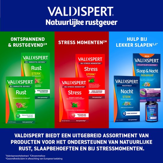 Overzicht van Valdispert producten: Ontspannend & Rustgevend, Stress Momenten en Nacht Advanced.