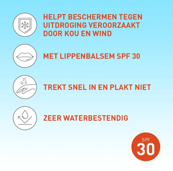Helpt beschermen tegen uitdroging door kou en wind, met lippenbalsem SPF 30. Trekt snel in, plakt niet, zeer waterbestendig.