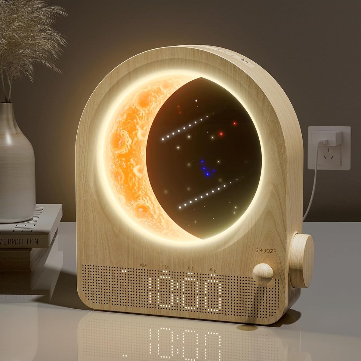 SnelShoppen - Multifunctionele Wekker en Maanlamp, Dimbaar Nachtlampje met 3 Helderheidsniveaus, Lichtwekker met Zonsopgang, 10 Natuurlijke Geluiden v