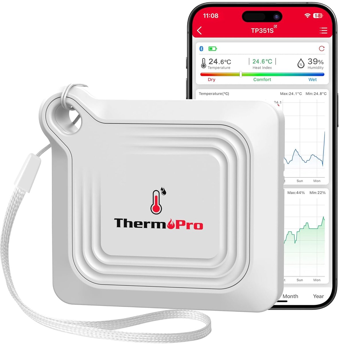 Thijox - ThermoPro TP351 Bluetooth Hygrometer Thermometer - 80m Bereik - Temperatuur- en Vochtigheidsmonitor - App Bediening - Ideaal voor Huis, Kanto