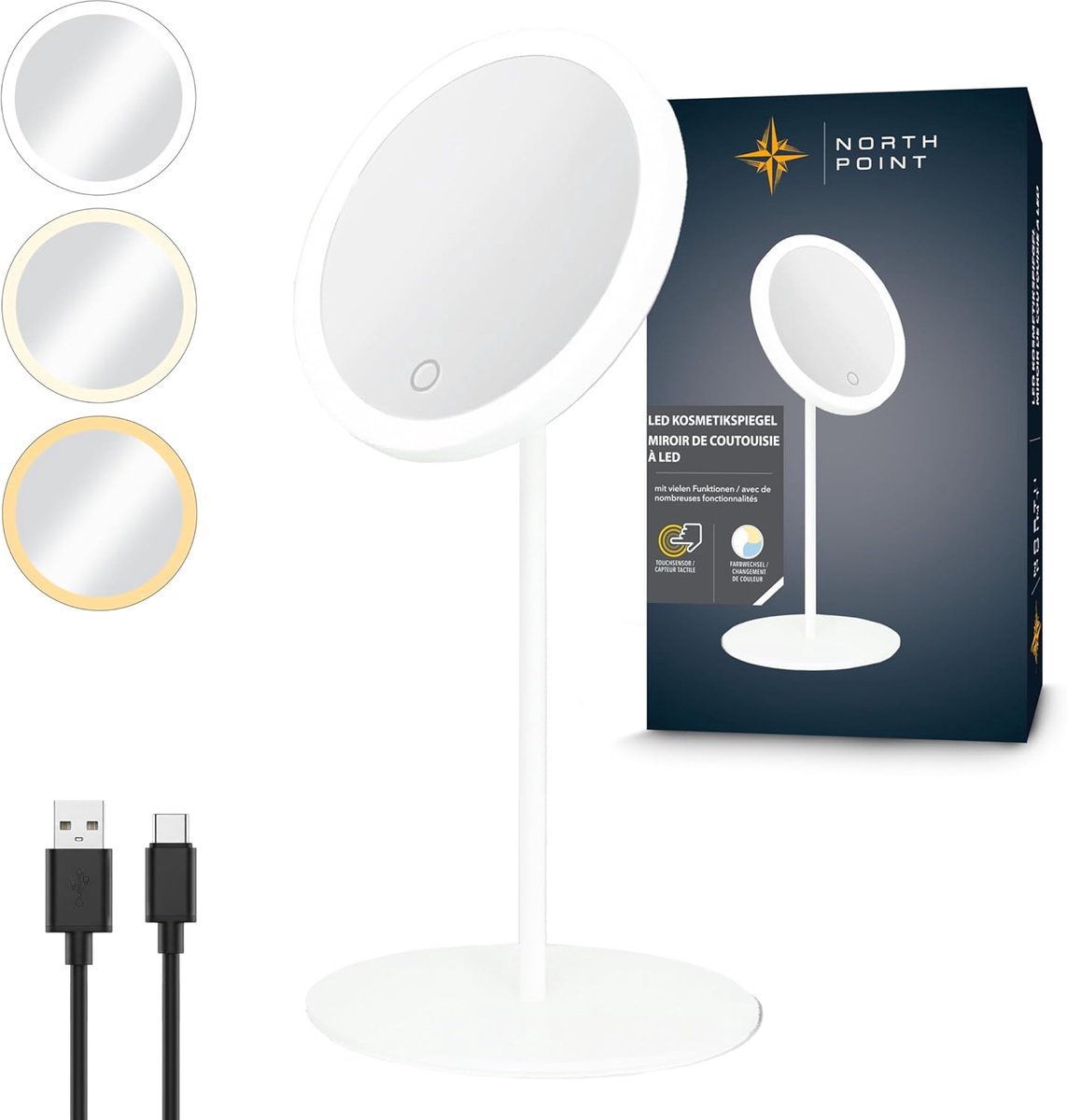Thijox - LED Accu Cosmetische Spiegel 5-voudig Vergroting, Dimbaar met 3 Lichtkleuren (Warm Wit, Neutraal Wit, Daglichtwit) - Metalen Behuizing Wit vo
