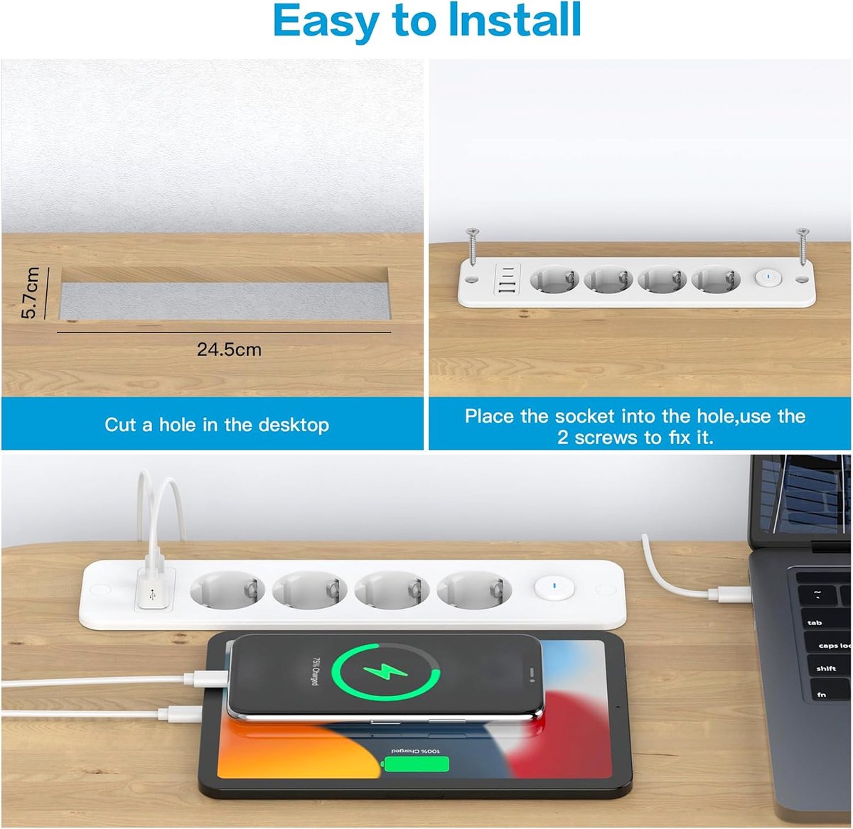 Thijox - Verzonken Stopcontact 4-Weg Inbouw Stekkerdoos met 4 USB C (5V, 3.4A) - Tafelblad Meervoudig Stopcontact met 2M Kabel - Wit voor Thuis, Kanto