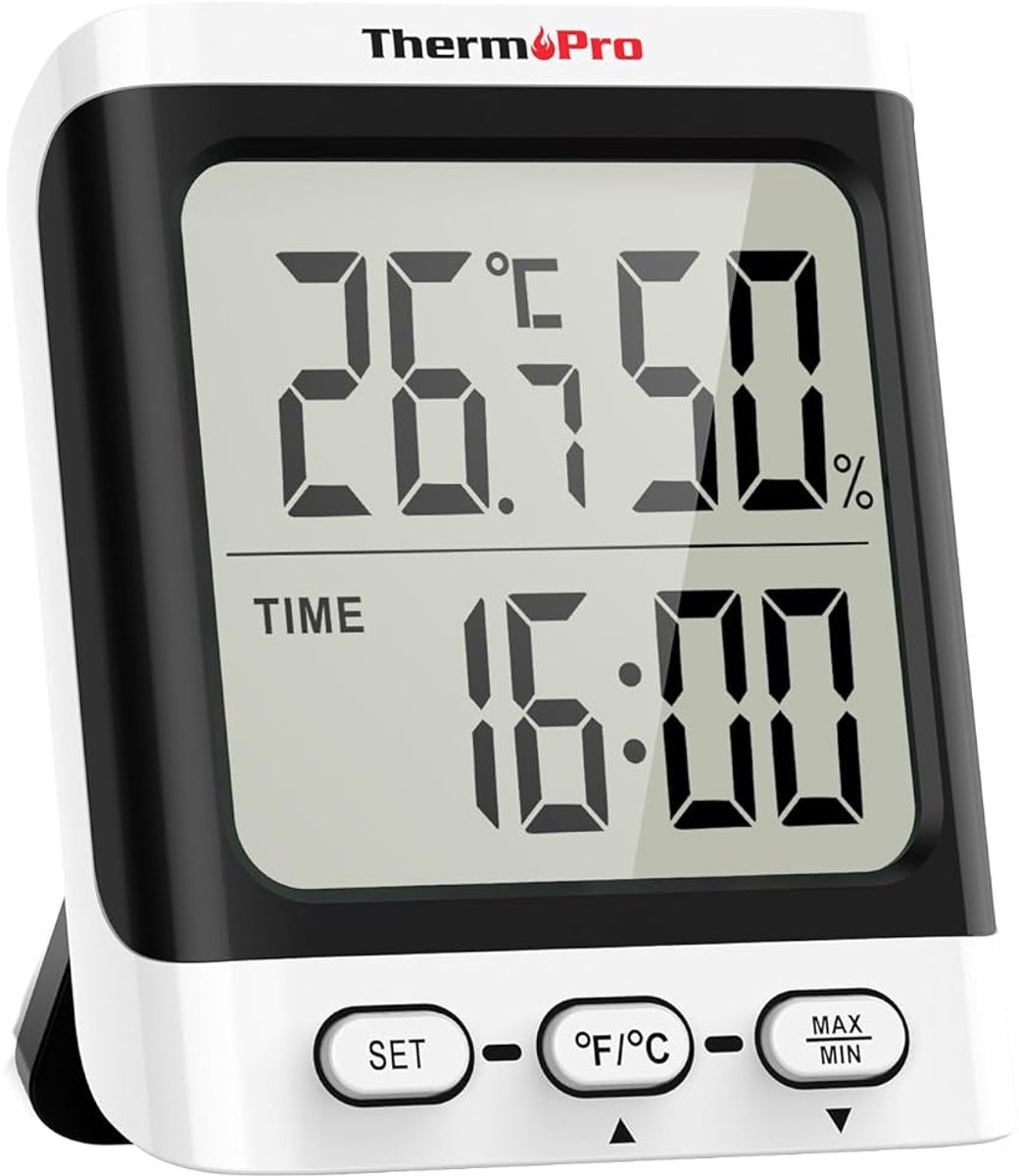 SnelShoppen - Thermometer Hygrometer voor Binnen, Nauwkeurige Kamerthermometer met Tijd en Luchtvochtigheidsmeter, Ideaal voor Woonkamer, Kantoor, Gar