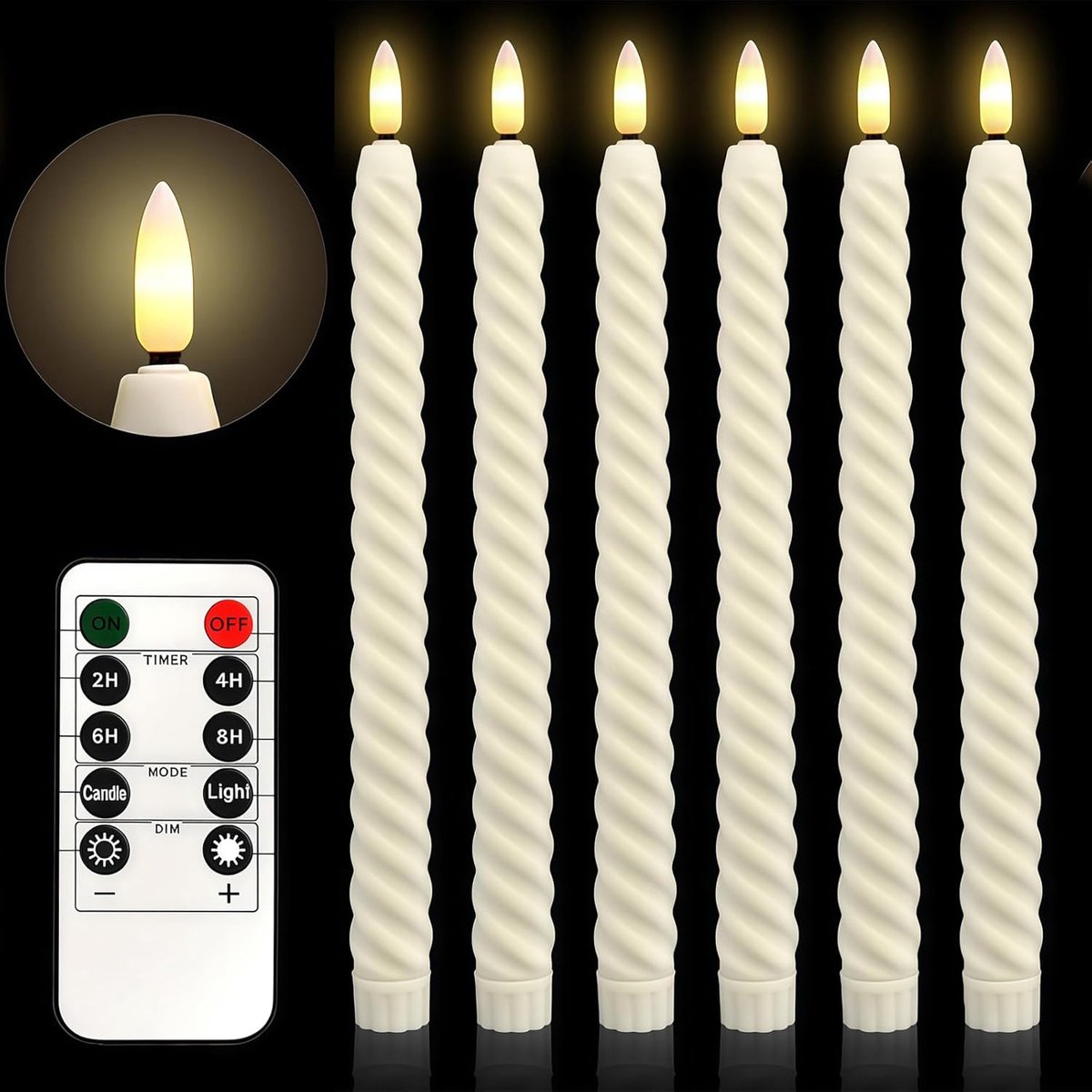 SnelShoppen - 6 Pack LED Kaarsen Zonder Vlam Spiralen 10 Inch Ivoor met Afstandsbediening en Timer - Batterij Aangedreven Kaarsen voor Kerst, Bruiloft